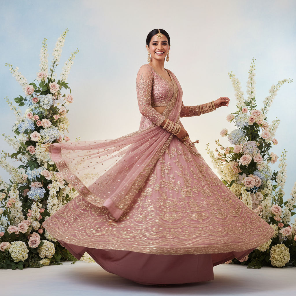 Kuberan Dusty Rose Bridal Lehenga with Full Sleeves Net Choli