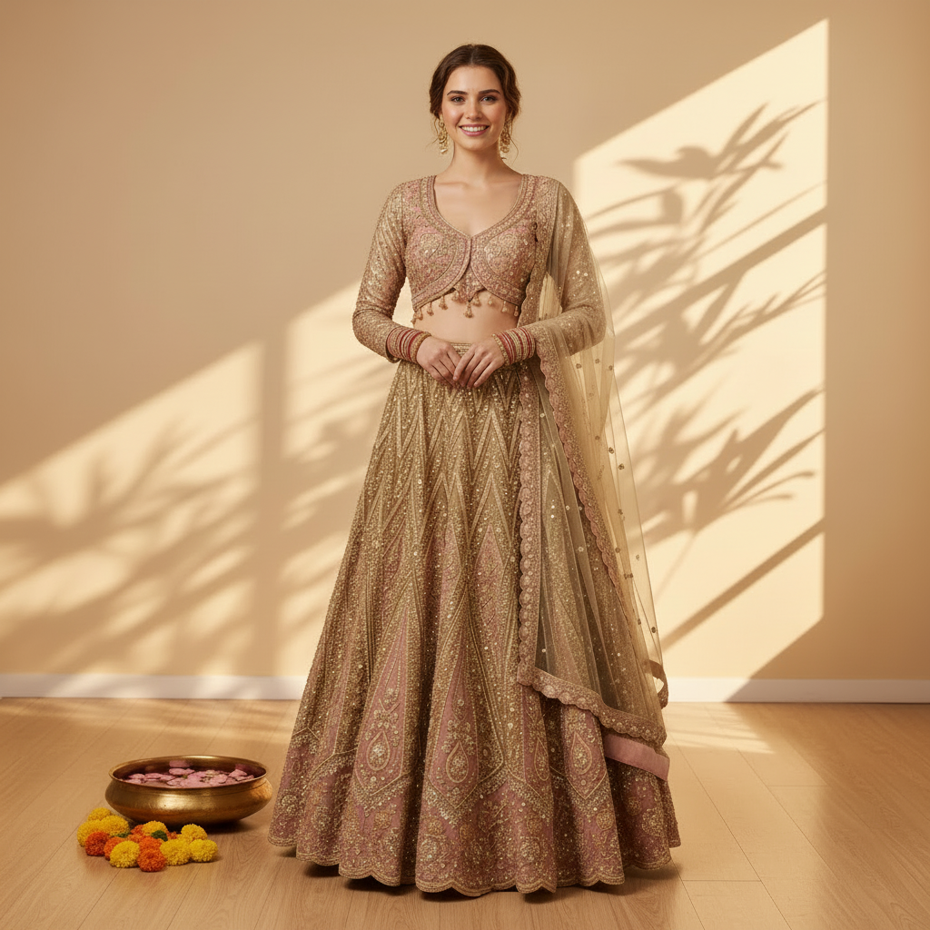 Kuberan Ready to Wear Bridal Lehenga Champagne Gold & Blush Pink