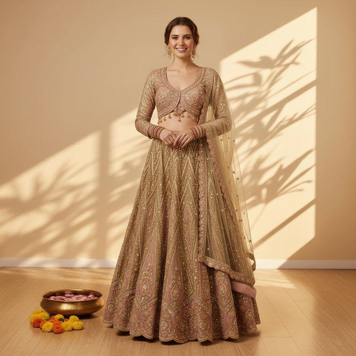 Kuberan Ready to Wear Bridal Lehenga Champagne Gold & Blush Pink