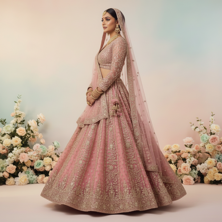 Kuberan Dusty Rose Bridal Lehenga with Full Sleeves Net Choli
