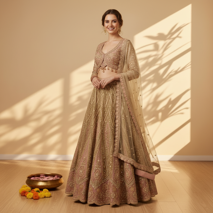 Kuberan Ready to Wear Bridal Lehenga Champagne Gold & Blush Pink