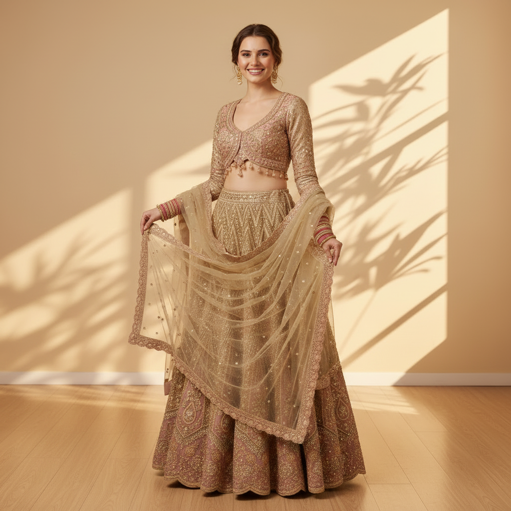 Kuberan Ready to Wear Bridal Lehenga Champagne Gold & Blush Pink