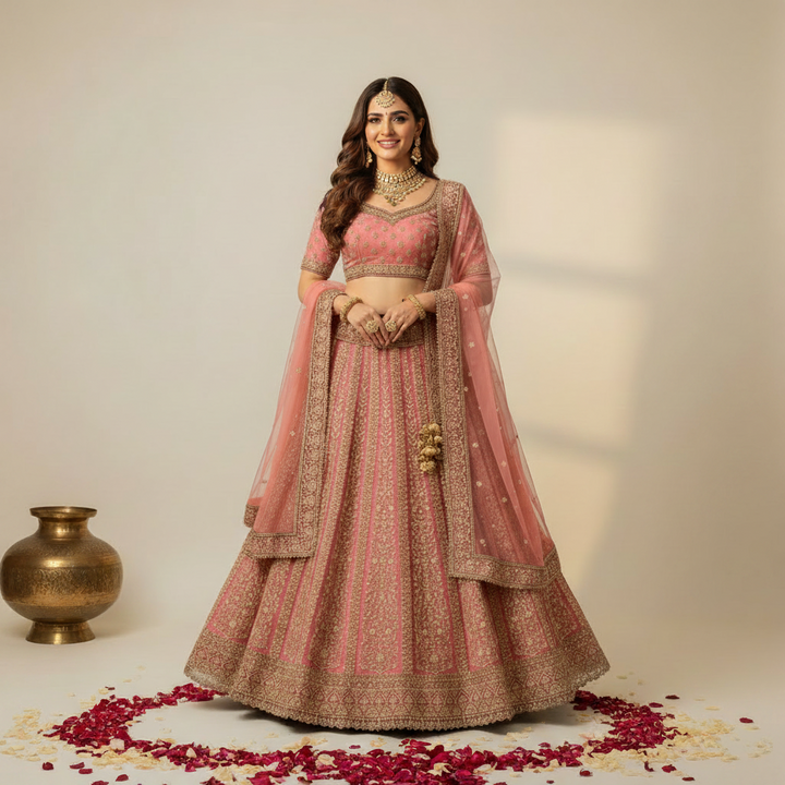 Kuberan Rose Gold Bridal Lehenga with Heavy Zari Embroidery unstitched