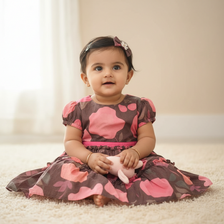 KUBERAN BROWN AND PINK FLORAL FROCK