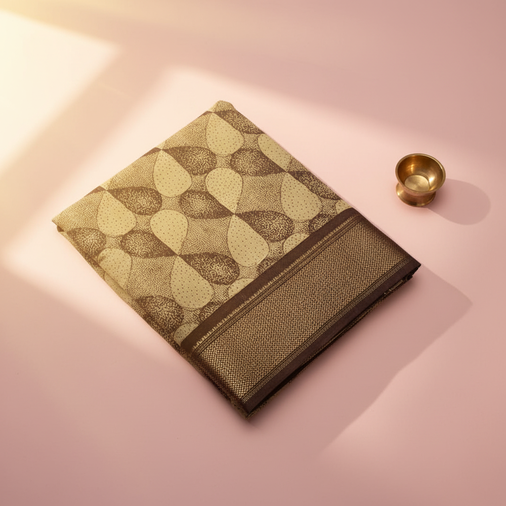 Kuberan Beige & Brown Paisley Dotted Print Saree