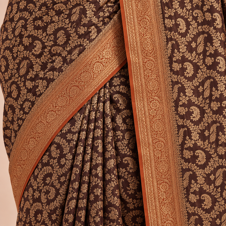 KUBERAN BROWN WITH RUST ORANGE PURE KHADDI GEORGETTE  SAREE