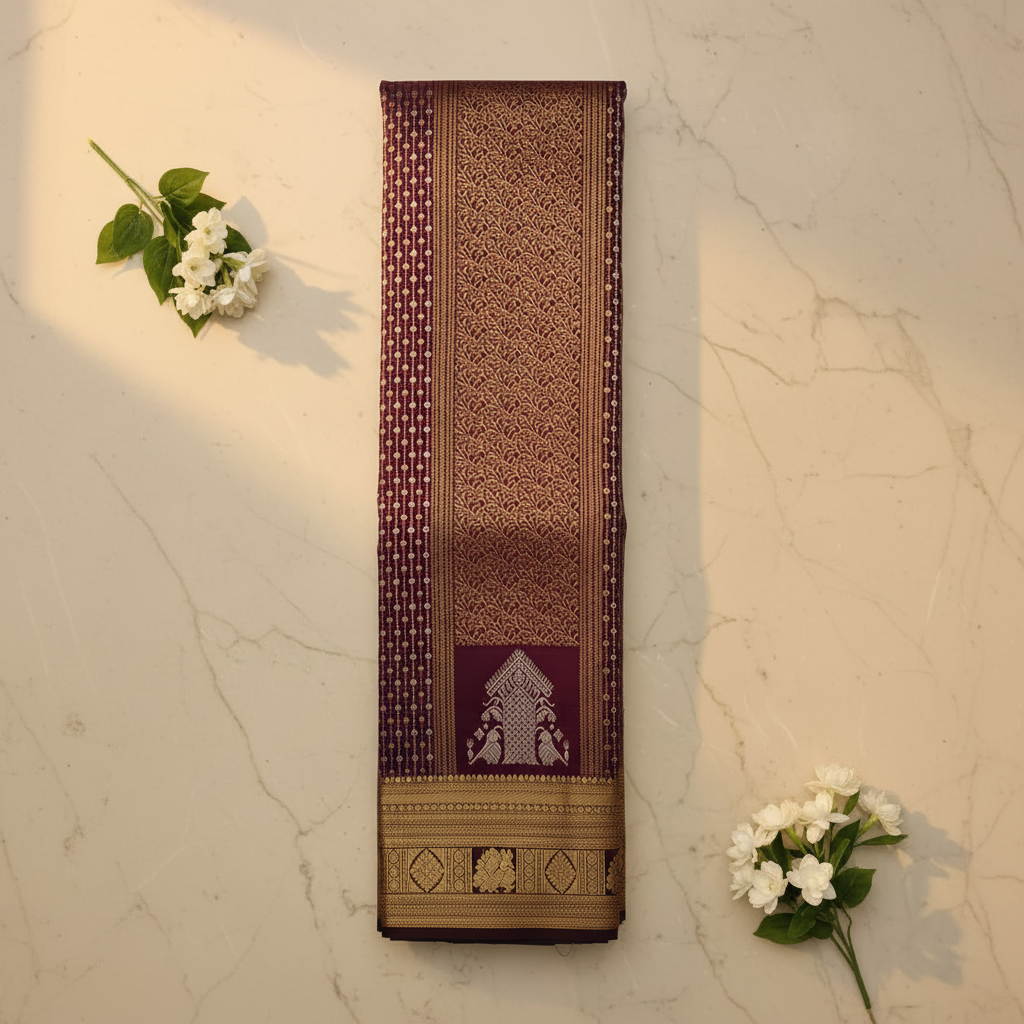 Kuberan Burgundy Kanchipuram Silk Saree with Gold Zari Work