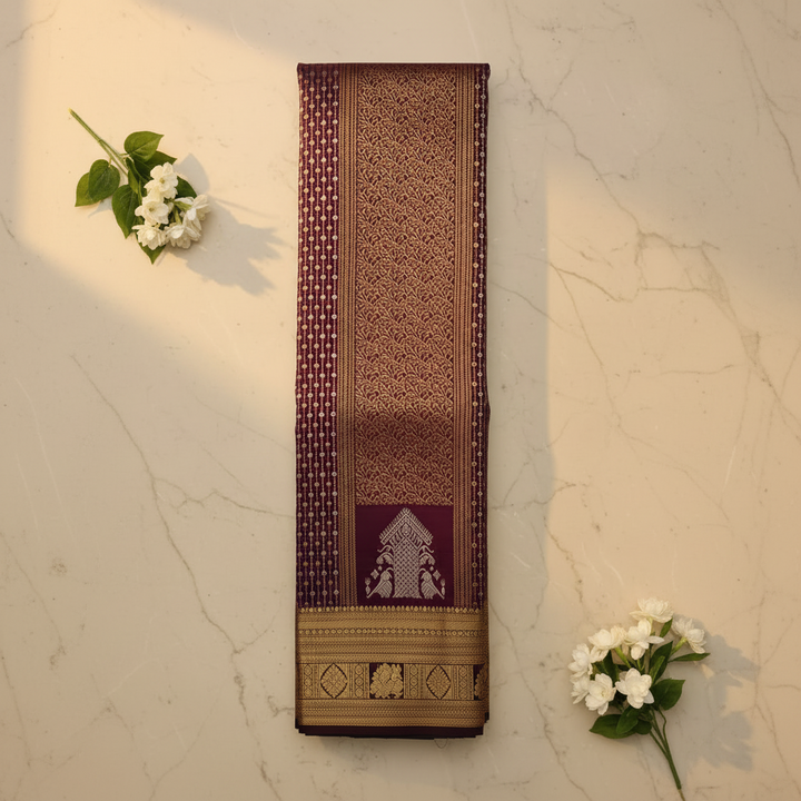 Kuberan Burgundy Kanchipuram Silk Saree with Gold Zari Work