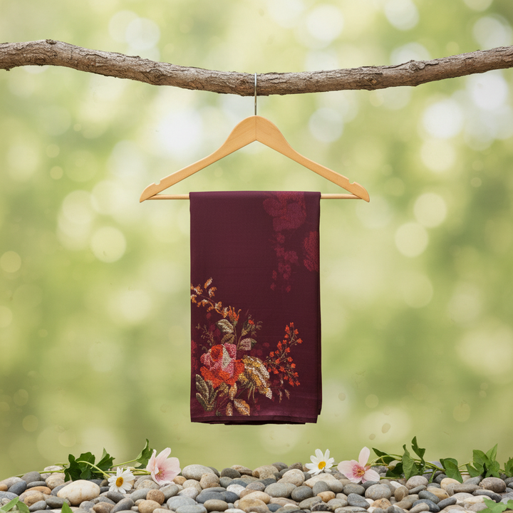 KUBERAN BURGUNDY PURE CHIFFON PRINTED SAREE