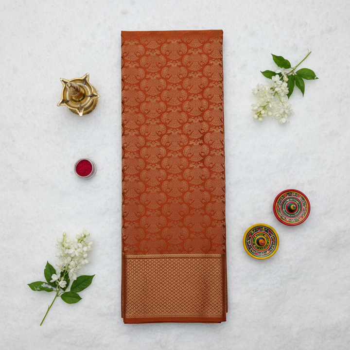kuberan Burnt Orange Mysore Silk Saree with gandaberunda motif