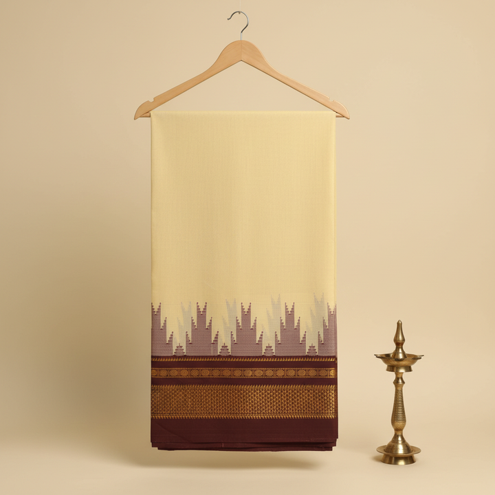KUBERAN PALE YELLOW WITH BROWN COTTON SAREE