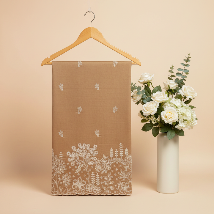 Camel Tan Silk Saree – Hanger Editorial with Floral Vase