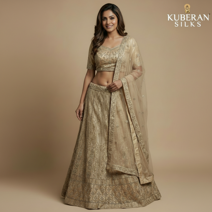 Kuberan Golden unstitched Embroidered Net Lehenga