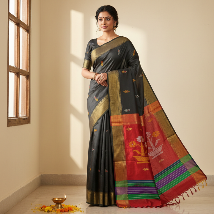 Charcoal & Red Ikat Saree — Model Drape