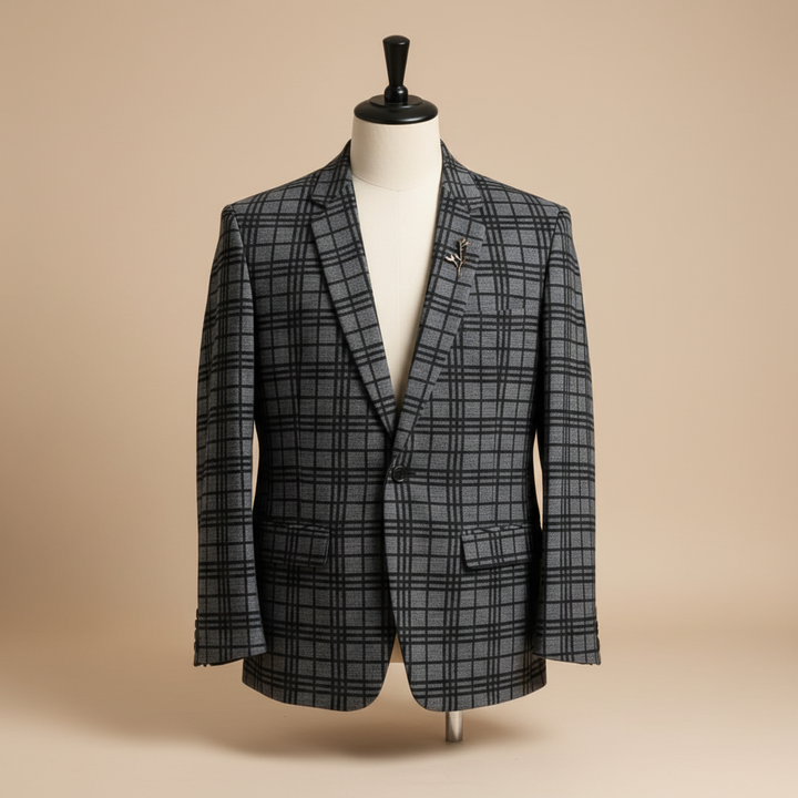 Kuberan Men's Grey and Black Checkered Blazer