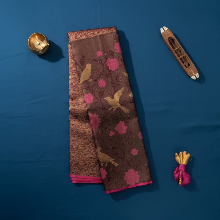 Kuberan Chocolate Brown All-Over Meenakari Kanchipuram Silk Saree