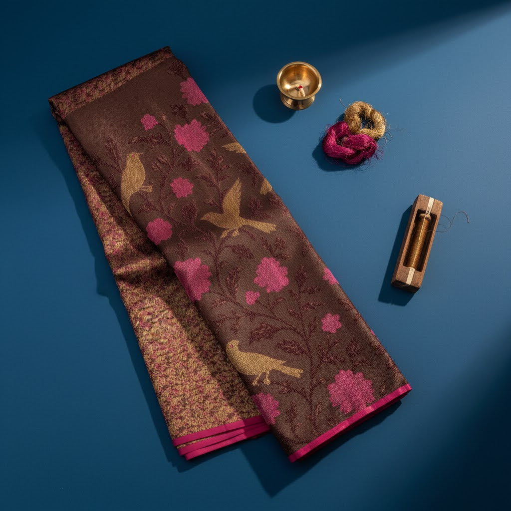 Kuberan Chocolate Brown All-Over Meenakari Kanchipuram Silk Saree