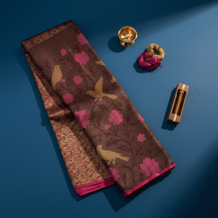 Kuberan Chocolate Brown All-Over Meenakari Kanchipuram Silk Saree