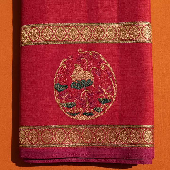 kuberan Kanchipuram Silk Saree - bottle  Green with Crimson Red Border & Kalasha Motif