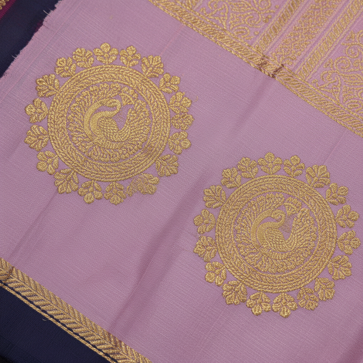 Kanchipuram Silk Saree - Blush Pink with Gold Zari Peacock Medallion & Floral Buttas & Broad Deep Plum Purple Gold Zari Peacock Border