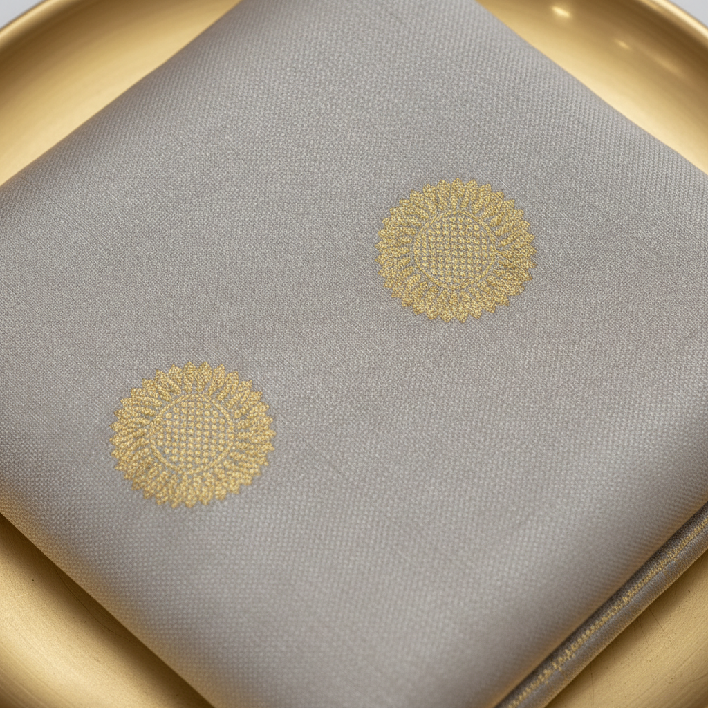 Kuberan Silver Grey with Gold Zari Sunflower Buttas & Antique Gold Border Kanchipuram Silk Saree