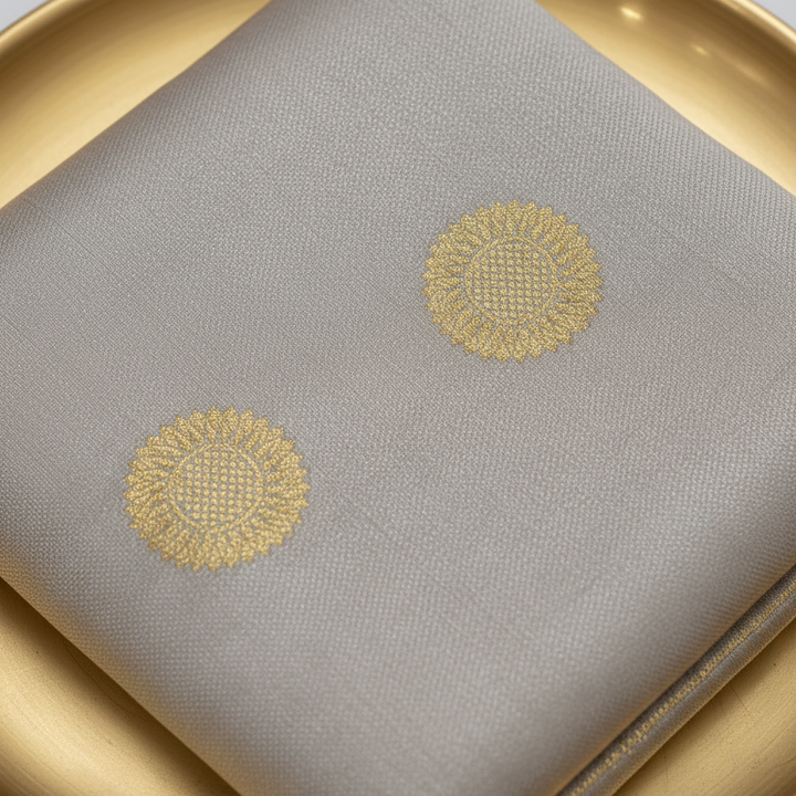 Kuberan Silver Grey with Gold Zari Sunflower Buttas & Antique Gold Border Kanchipuram Silk Saree
