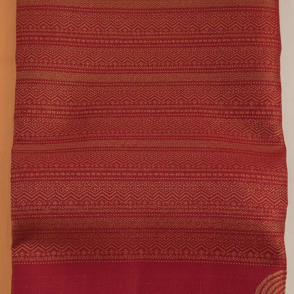 Kuberan Deep Crimson Red All-Over Gold Zari Chevron Stripe Body & Large Gold Zari Graduated Temple Arch  Kanchipuram Silk Saree
