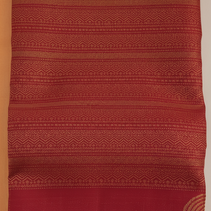 Kuberan Deep Crimson Red All-Over Gold Zari Chevron Stripe Body & Large Gold Zari Graduated Temple Arch  Kanchipuram Silk Saree