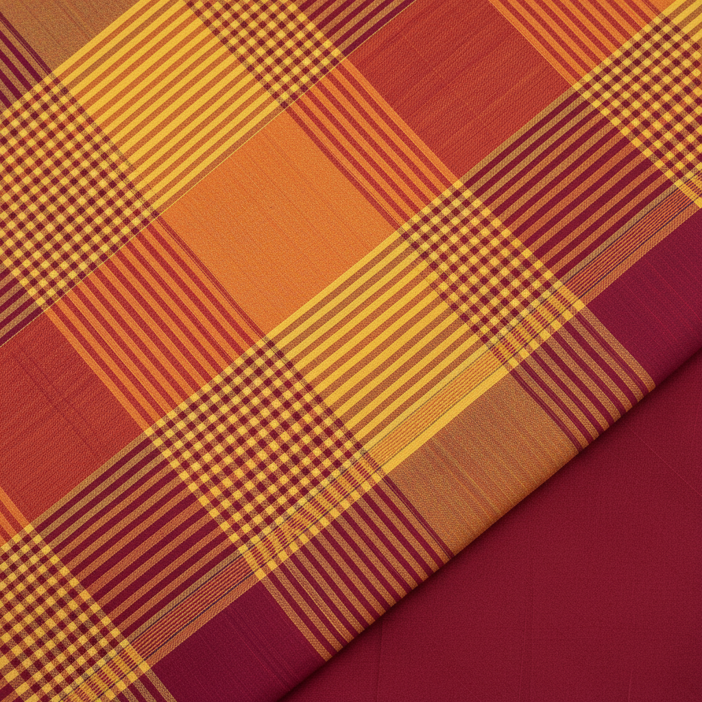 Kuberan Sunshine Yellow Multi-Colour Tartan Check with Deep Forest Green Temple Gopuram Spike Border Kanchipuram Silk Saree