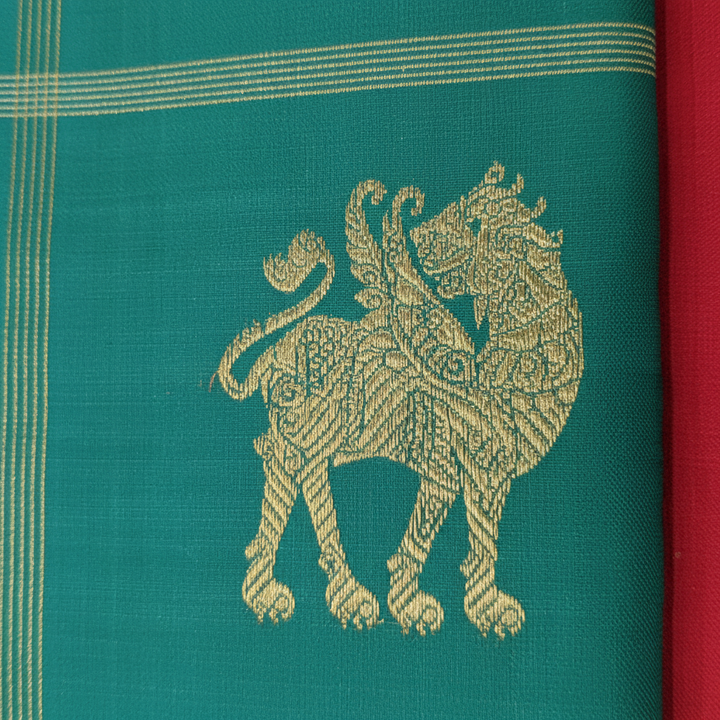 Kuberan Kanchipuram Silk Saree Peacock Teal with Scattered Gold Zari Yali Buttas on Fine Gold Zari Check Grid & Broad Self-Colour Teal Gold Zari Floral Border