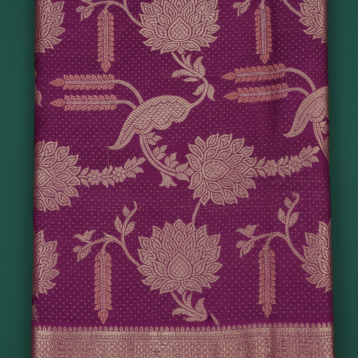 Kuberan Deep Magenta Purple with All-Over Gold Zari Parrot & Lotus Jaal Weave & Broad Antique Gold Zari Floral Scroll Border Kanchipuram Silk Saree