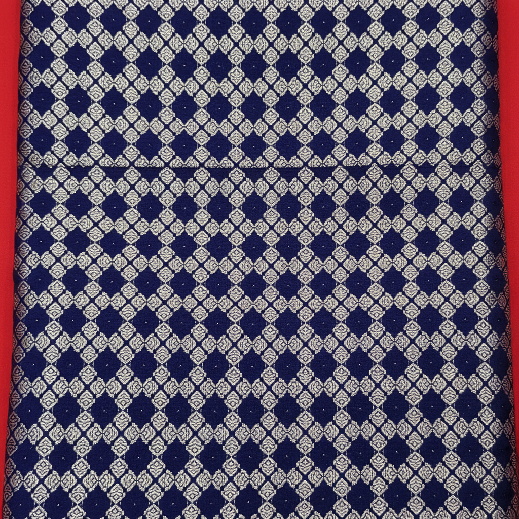 Kuberan  Midnight Navy Blue with All-Over Silver Zari Diamond & Rosette Jaal & Broad Contrast Sky Blue Gold Zari borderKanchipuram Silk Saree