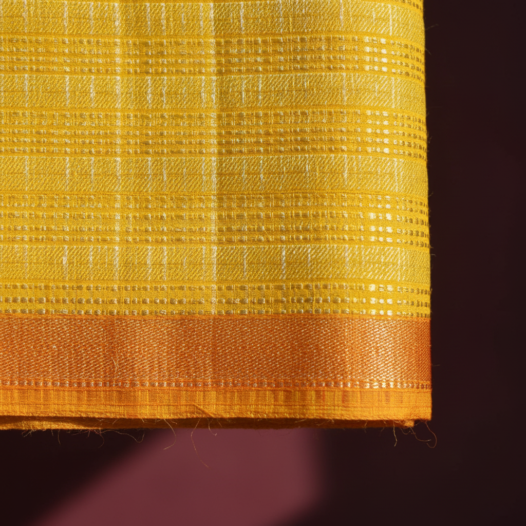 Kuberan Turmeric Yellow with All-Over Self-Colour Gold Zari Fine Checks Grid & Narrow Contrast Orange BorderKanchipuram Silk Saree