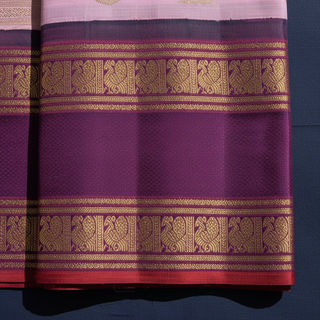 Kanchipuram Silk Saree - Blush Pink with Gold Zari Peacock Medallion & Floral Buttas & Broad Deep Plum Purple Gold Zari Peacock Border