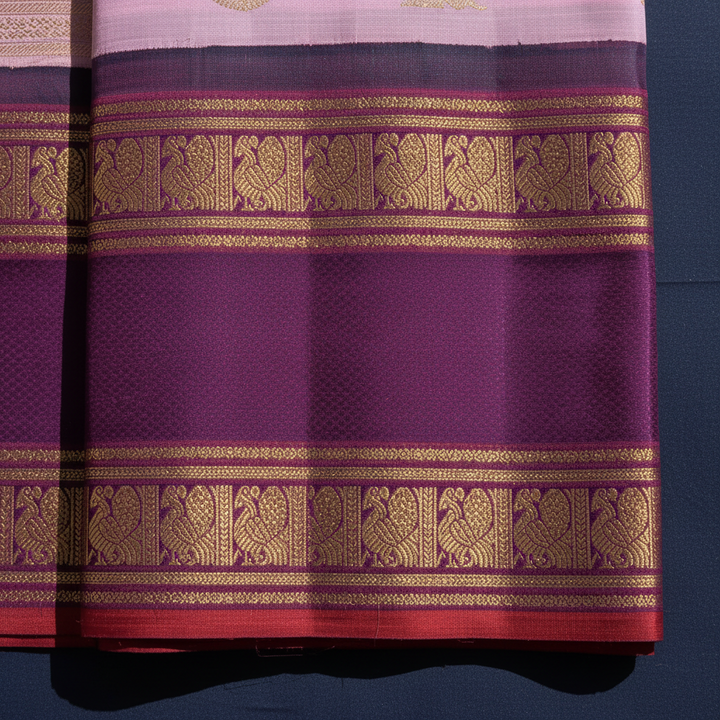 Kanchipuram Silk Saree - Blush Pink with Gold Zari Peacock Medallion & Floral Buttas & Broad Deep Plum Purple Gold Zari Peacock Border