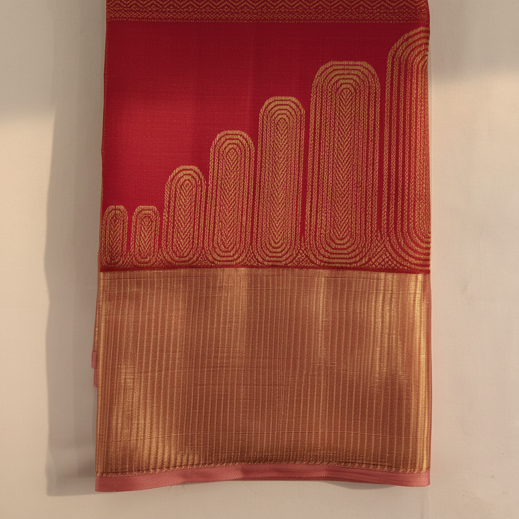 Kuberan Deep Crimson Red All-Over Gold Zari Chevron Stripe Body & Large Gold Zari Graduated Temple Arch  Kanchipuram Silk Saree