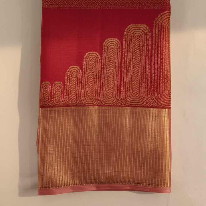 Kuberan Deep Crimson Red All-Over Gold Zari Chevron Stripe Body & Large Gold Zari Graduated Temple Arch  Kanchipuram Silk Saree