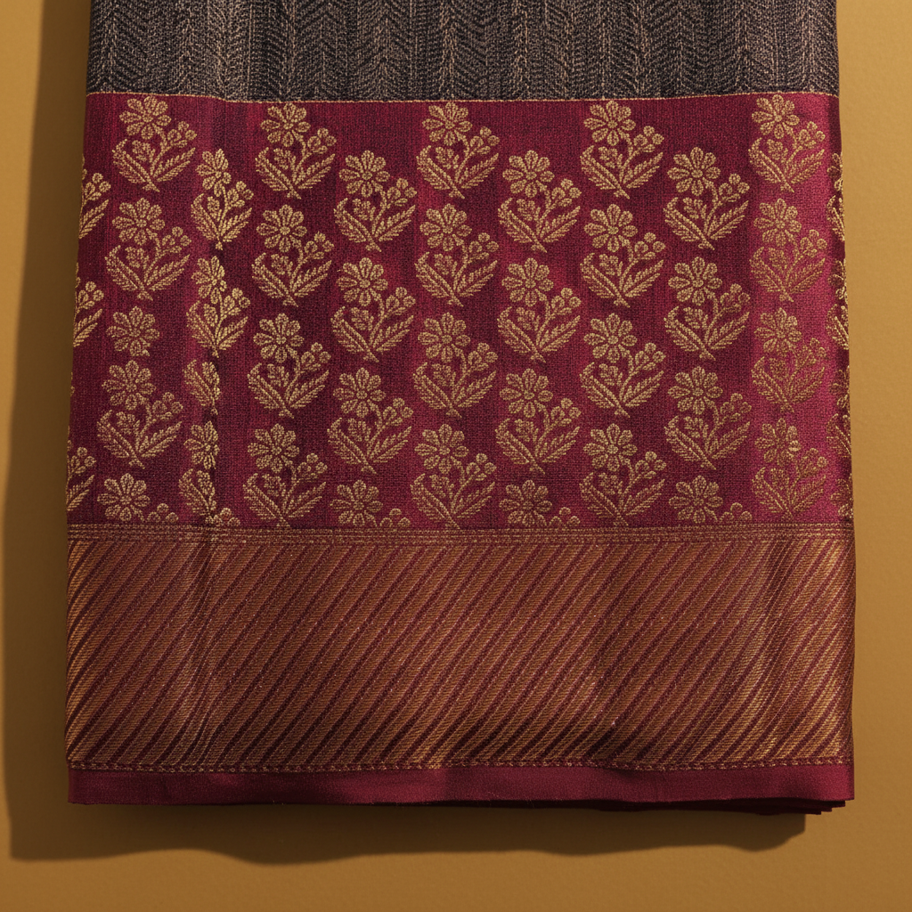Kuberan Charcoal Blac Vertical Gold Zari Kanchipuram Silk Saree