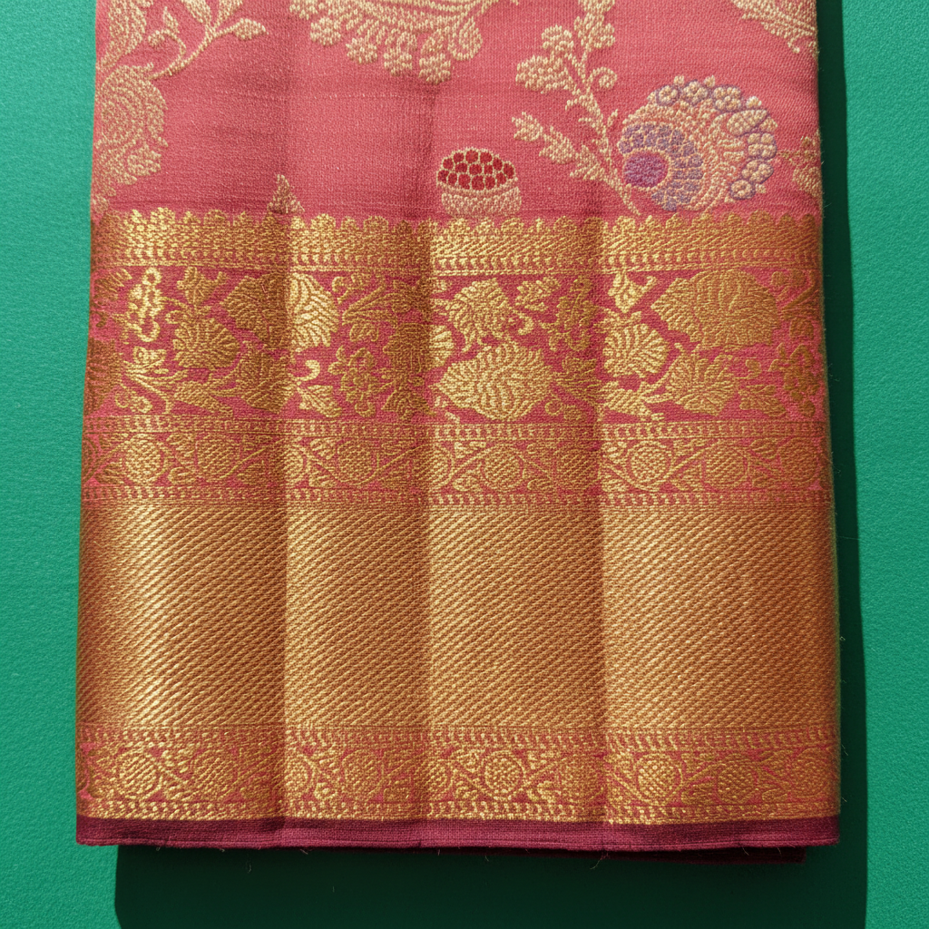 Kuberan Coral Rose Pink All-Over Gold Zari & Meenakari Multi-Colour Floral Vine  Body & Border with Gold Zari Floral  Kanchipuram Silk Saree