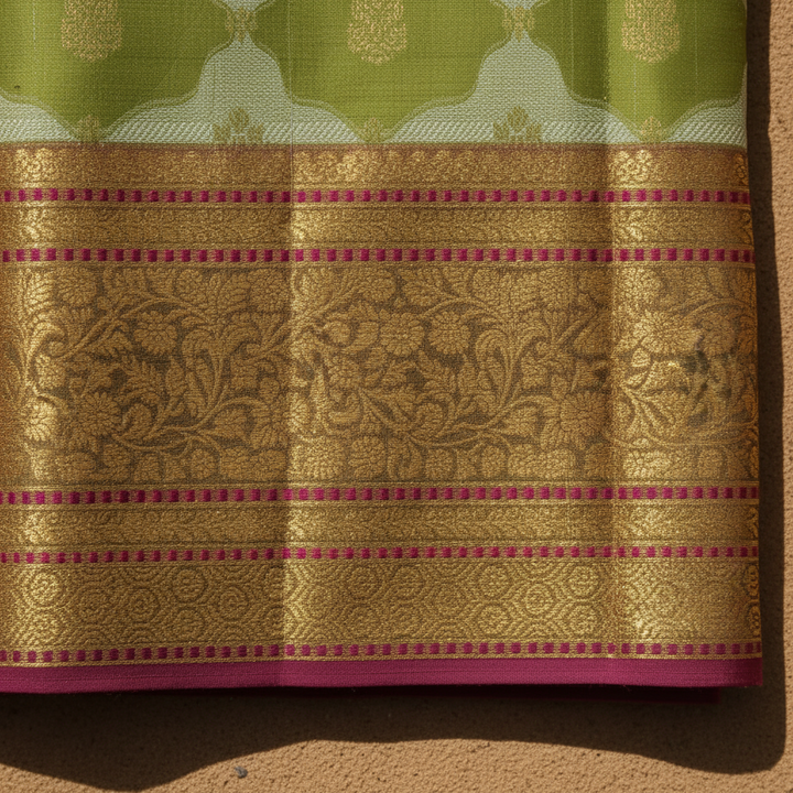 Kuberan  Ivory Cream & Olive Green Two-Colour Body with Gold Zari Floral Butta Kanchipuram Silk Saree