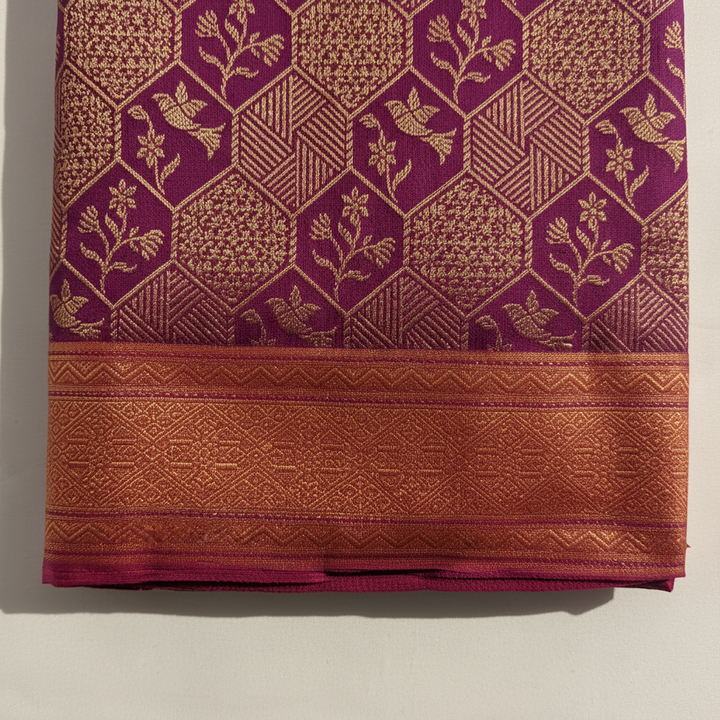 Kuberan Deep Magenta Purple with All-Over Gold Zari Hexagonal Honeycomb Jaal & Gold Zari  Border Kanchipuram Silk Saree