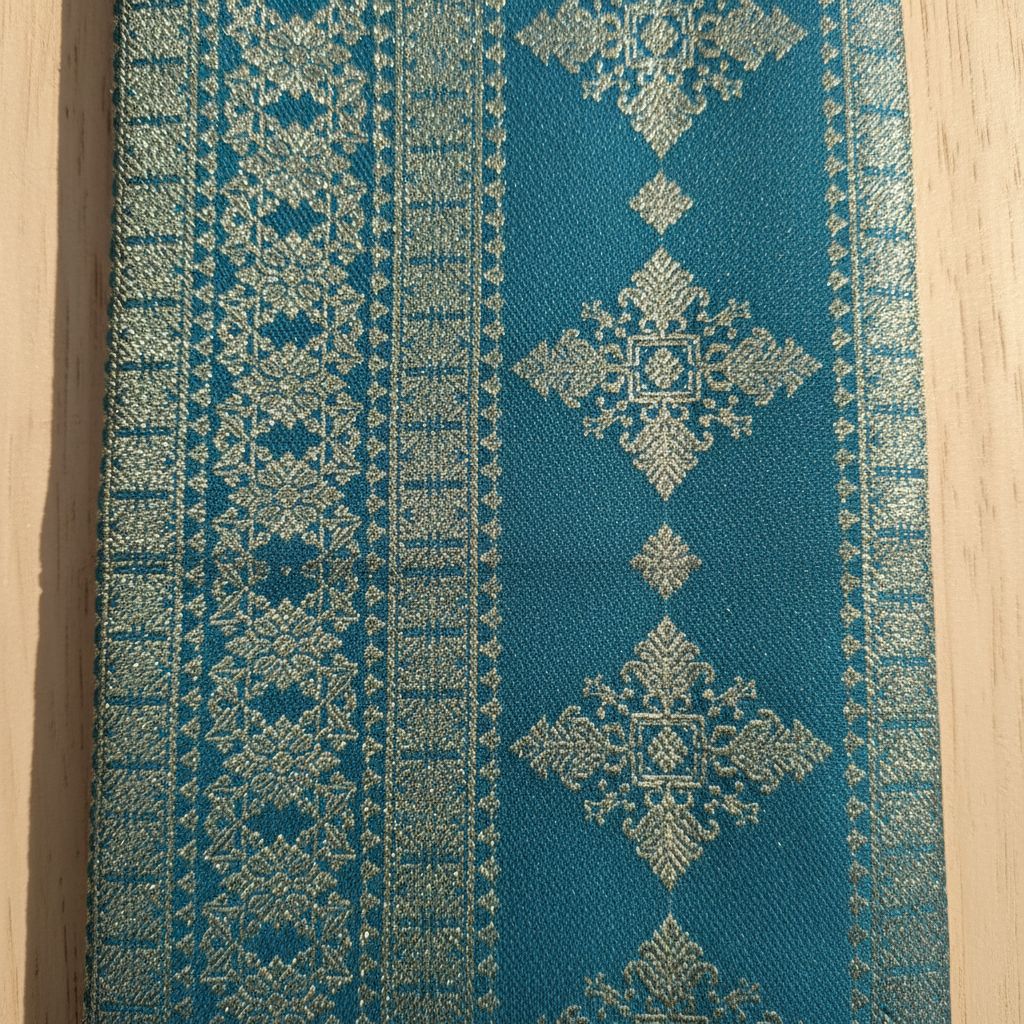 Kuberan Peacock Teal with All-Over Silver Zari Dense Geometric Diamond & Snowflake Jaal & Broad Self-Colour Teal Silver Zari Multi-Band Border Kanchipuram Silk Saree