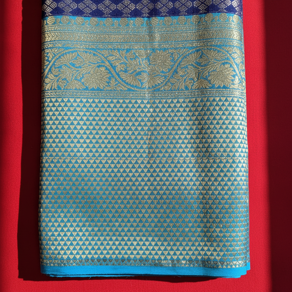 Kuberan  Midnight Navy Blue with All-Over Silver Zari Diamond & Rosette Jaal & Broad Contrast Sky Blue Gold Zari borderKanchipuram Silk Saree