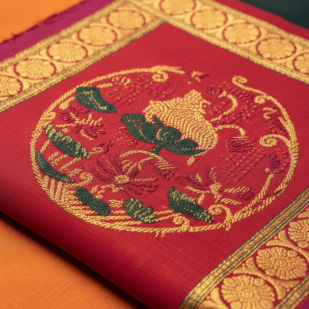 kuberan Kanchipuram Silk Saree - bottle  Green with Crimson Red Border & Kalasha Motif