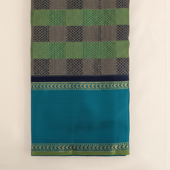 Kuberan Forest Green & Navy Blue Large-Scale Two-Colour Checks with Broad Peacock Teal Border  Kanchipuram Silk Saree