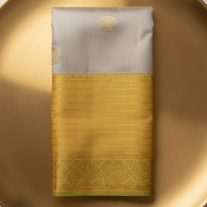 Kuberan Silver Grey with Gold Zari Sunflower Buttas & Antique Gold Border Kanchipuram Silk Saree