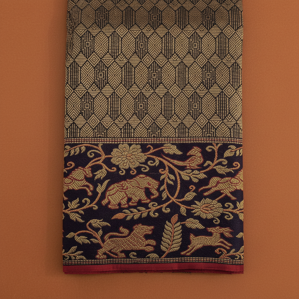 Kuberan Navy Blue All-Over Gold Zari Geometric Diamond & Navy Gold Zari Elephant Lion Deer Forest Scroll Border Kanchipuram Silk Saree