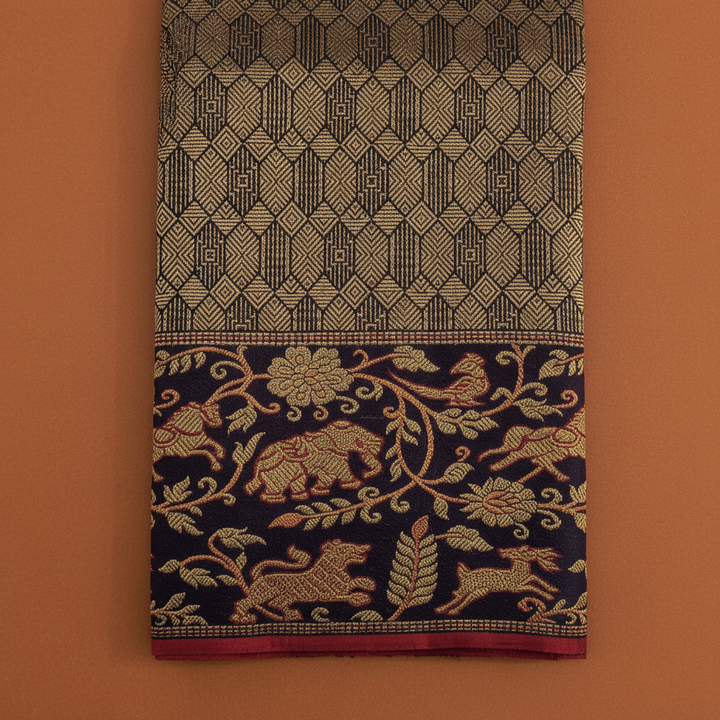 Kuberan Navy Blue All-Over Gold Zari Geometric Diamond & Navy Gold Zari Elephant Lion Deer Forest Scroll Border Kanchipuram Silk Saree