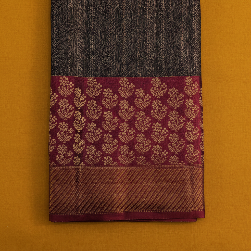 Kuberan Charcoal Blac Vertical Gold Zari Kanchipuram Silk Saree
