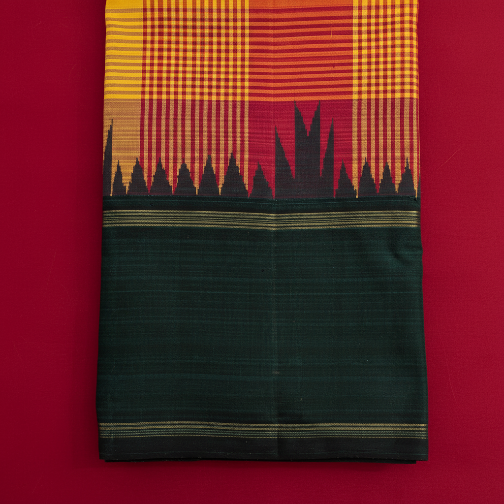 Kuberan Sunshine Yellow Multi-Colour Tartan Check with Deep Forest Green Temple Gopuram Spike Border Kanchipuram Silk Saree